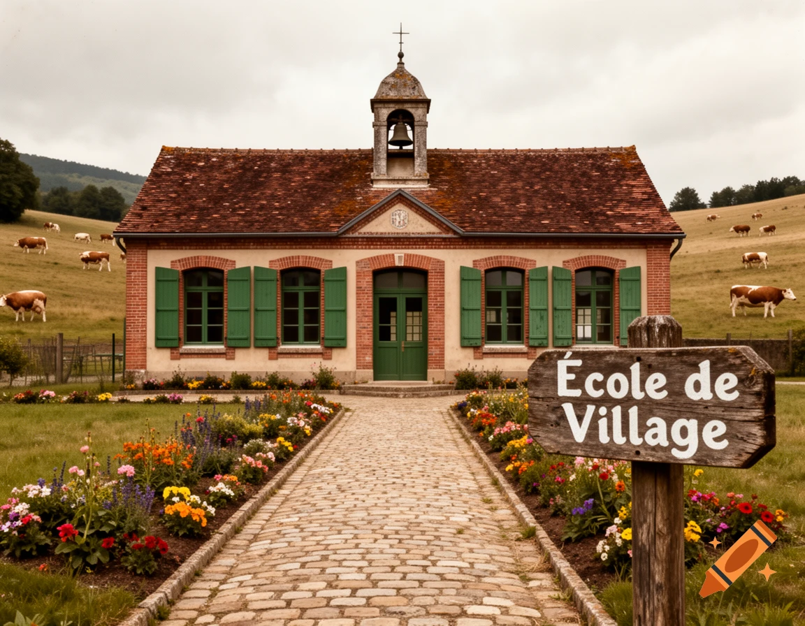 A quaint village schoolhouse with a bell tower and green shutters, a cobblestone path, and colorful flowers, with cows on grassy hills.