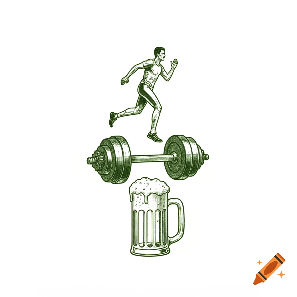 Green line art illustration of a runner, a dumbbell, and a frothy beer mug stacked vertically on a white background, in a hipster style.