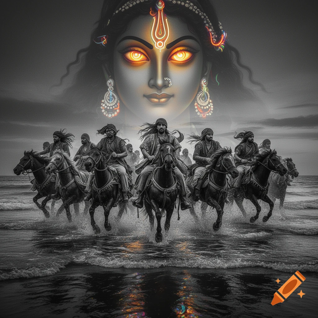 High-contrast black and white scene of horsemen riding through the sea under the glowing, neon-lit face of Maa Kali.