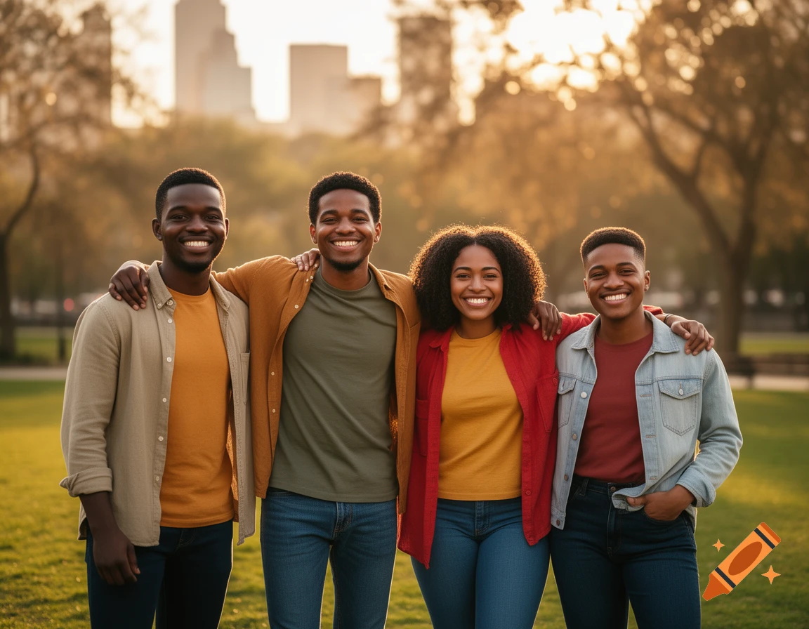 Four smiling young adults of color stand with arms around each other in a sunny park with a city skyline in the background.