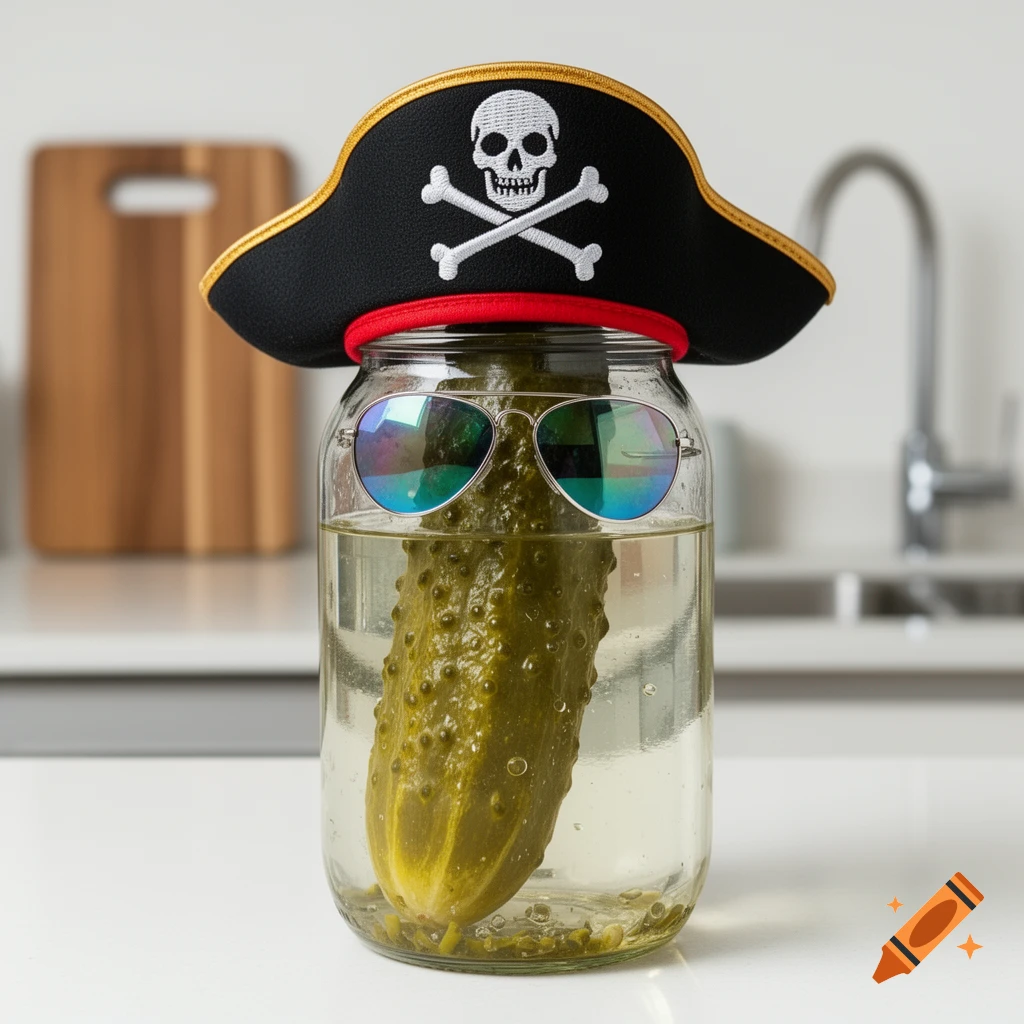 A pickle in a glass jar wears a pirate hat with a skull and crossbones and reflective sunglasses, sitting on a kitchen counter.