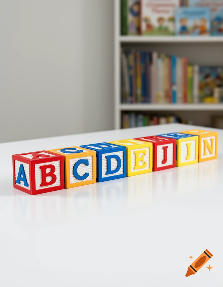 Colorful red, yellow, and blue alphabet blocks spelling "ABCDEJIN" lined up on a white surface, with a blurred bookshelf in the background.