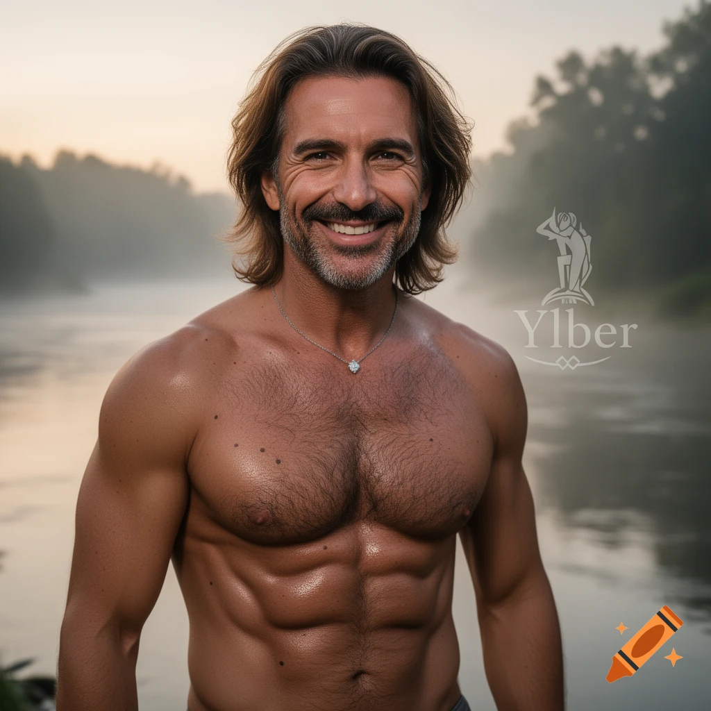 Photorealistic portrait of a smiling shirtless man with long brown hair, beard, and muscular physique, standing by a misty river at dawn.