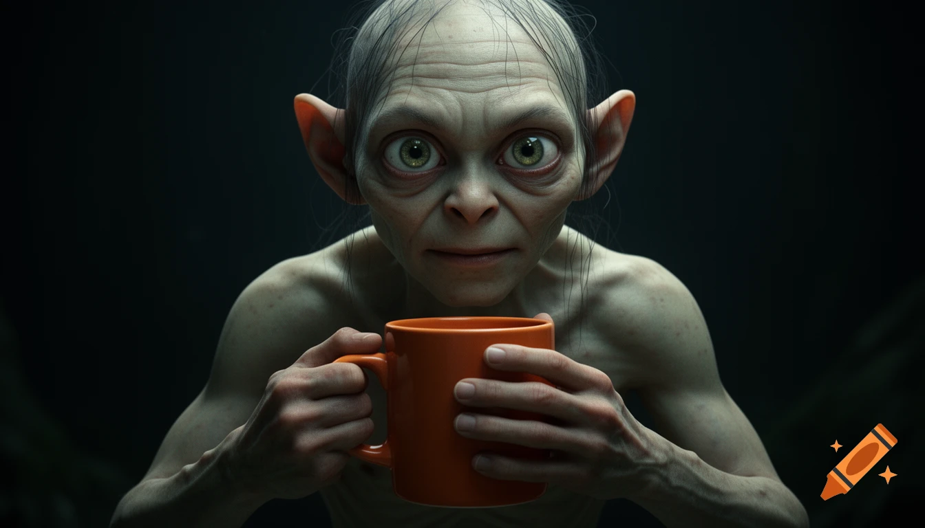 Photorealistic image of Gollum holding an orange coffee mug with both hands, staring intensely at it with wide eyes.