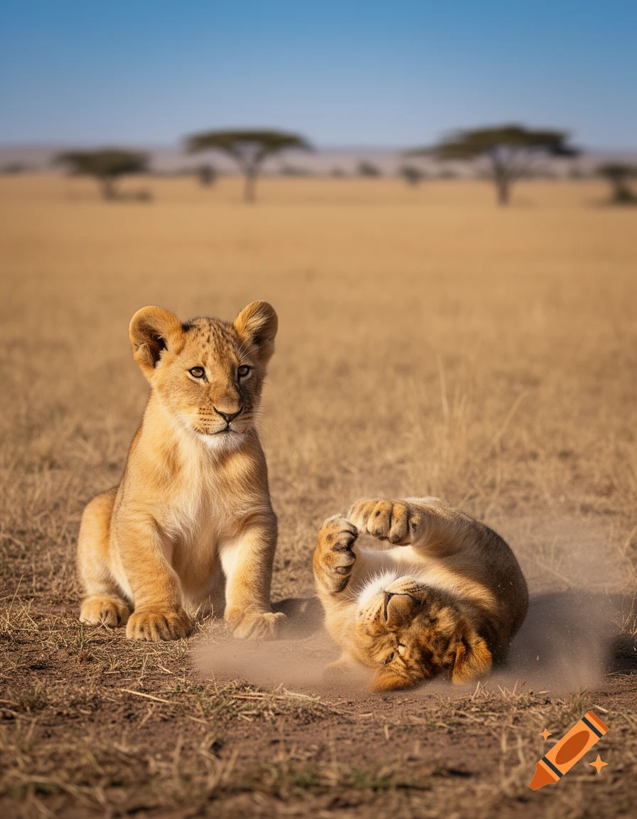 Two photorealistic lion cubs in a dry savanna, one sitting and looking forward, the other rolling on its back in the dirt.
