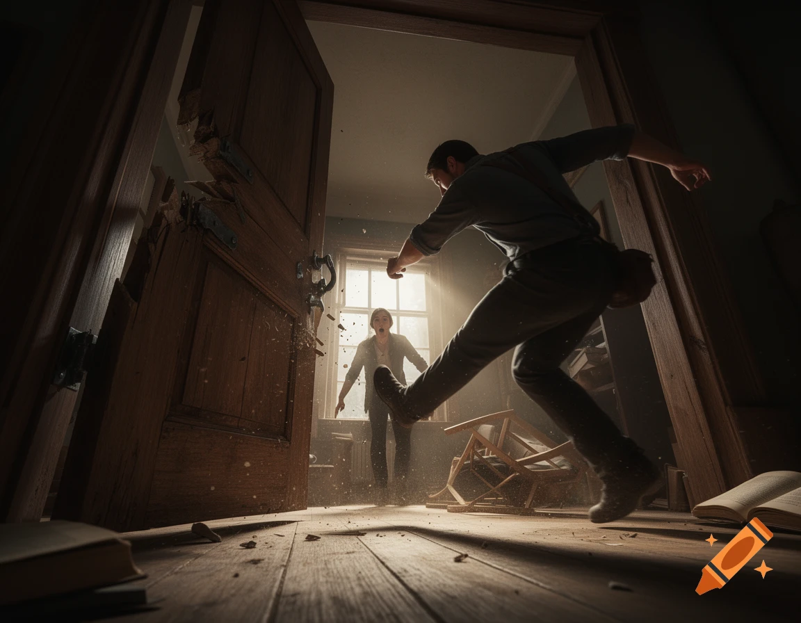 A low-angle shot shows a man kicking a wooden door inward, with splinters flying. Another person stands shocked on the other side of the broken door.