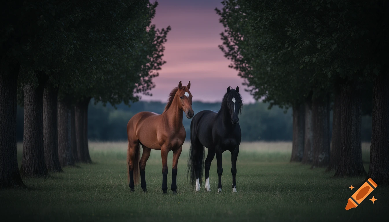 A brown horse with a white star and a black horse with a white blaze stand in a grassy field between an avenue of trees at dusk.