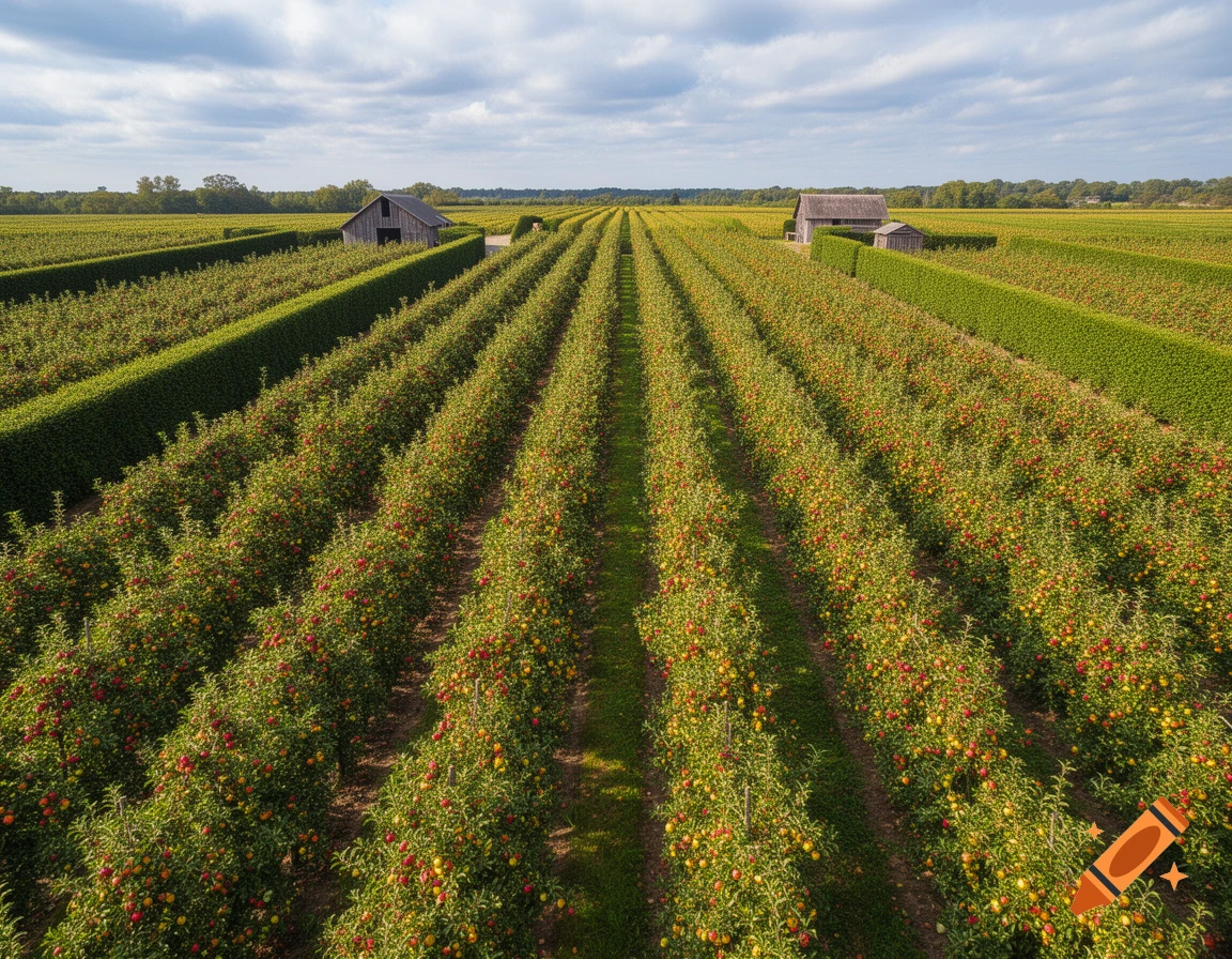 An aerial view of an apple farm with long rows of green trees bearing red and yellow apples, flanked by hedges, under a partly cloudy sky. Two small wooden barns are visible in the distance.