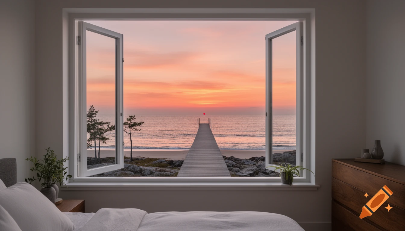 View from an open window in a modern bedroom, showing a pier leading to the ocean under a sunset with a red sun, beach, and pine trees.
