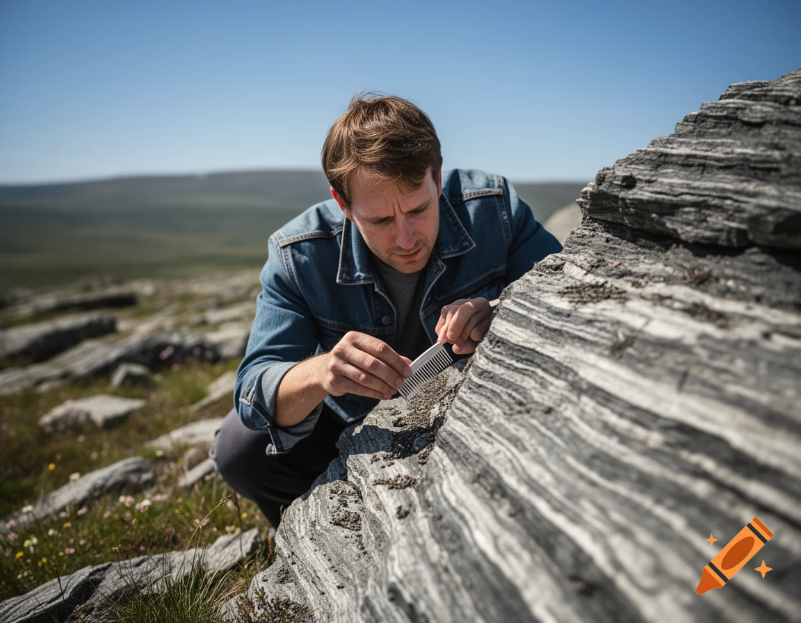 A man in a denim jacket squats, using a comb to examine a textured, layered rock formation outdoors under a clear sky.