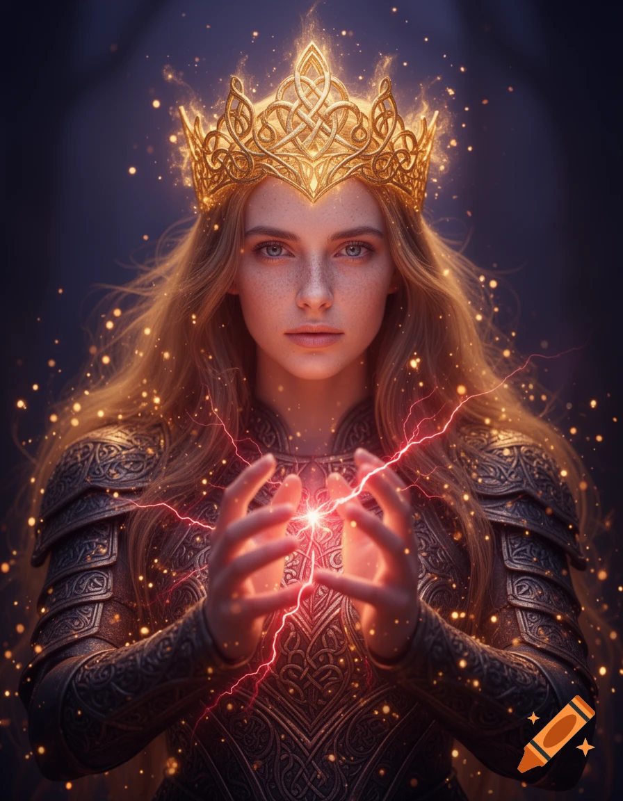Fantasy portrait of a crowned queen in ornate armor, radiating golden light and crimson magic from her hands.