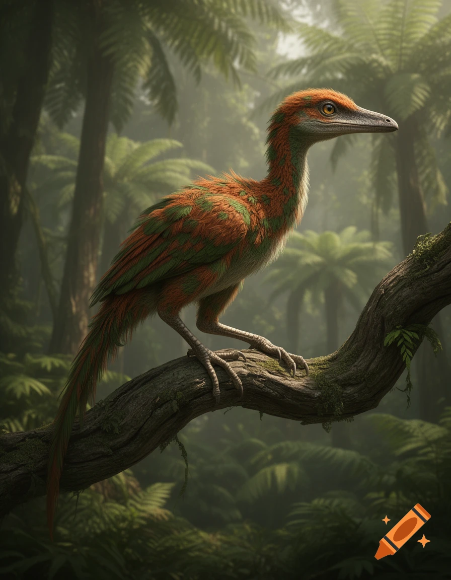 A feathered, bird-like dinosaur with orange and green plumage perches on a mossy branch in a lush, misty jungle.