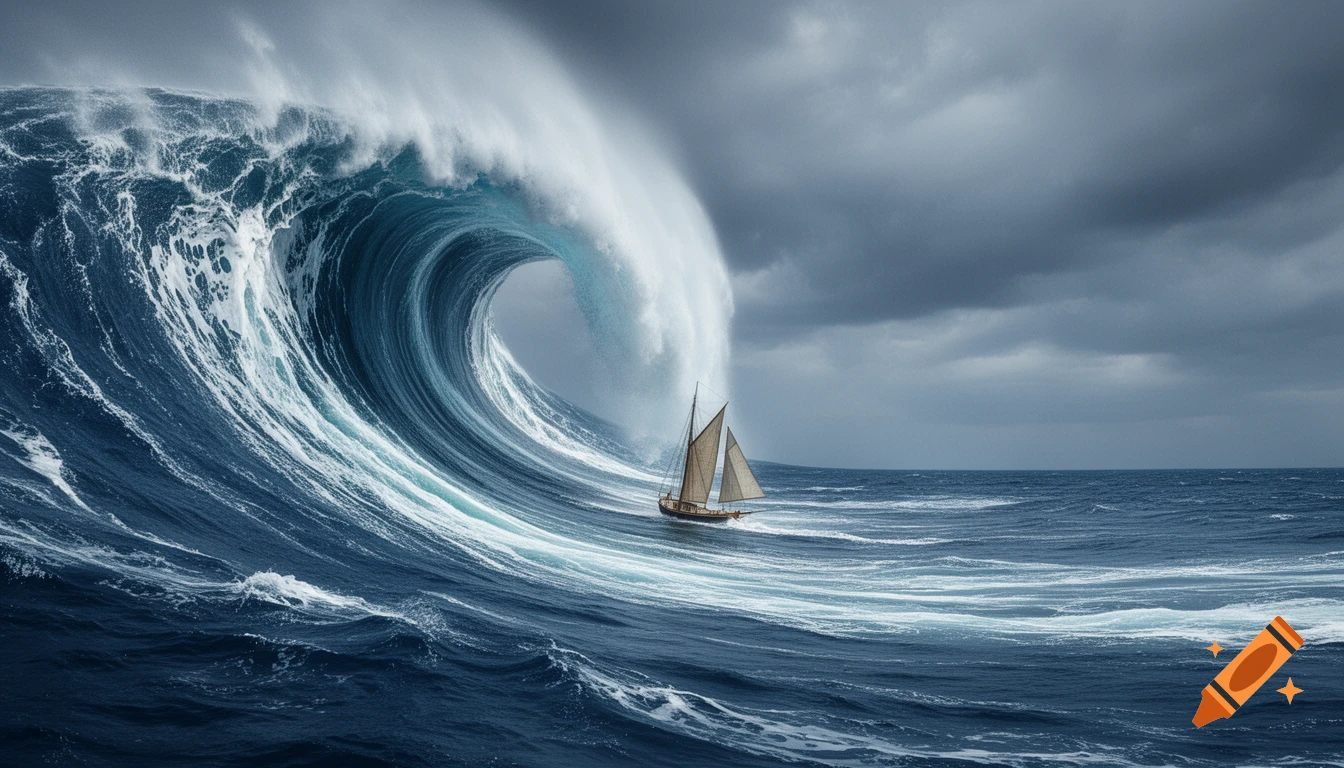 A small sailboat faces a colossal, curling ocean wave under a dark, cloudy sky, in a photorealistic style.