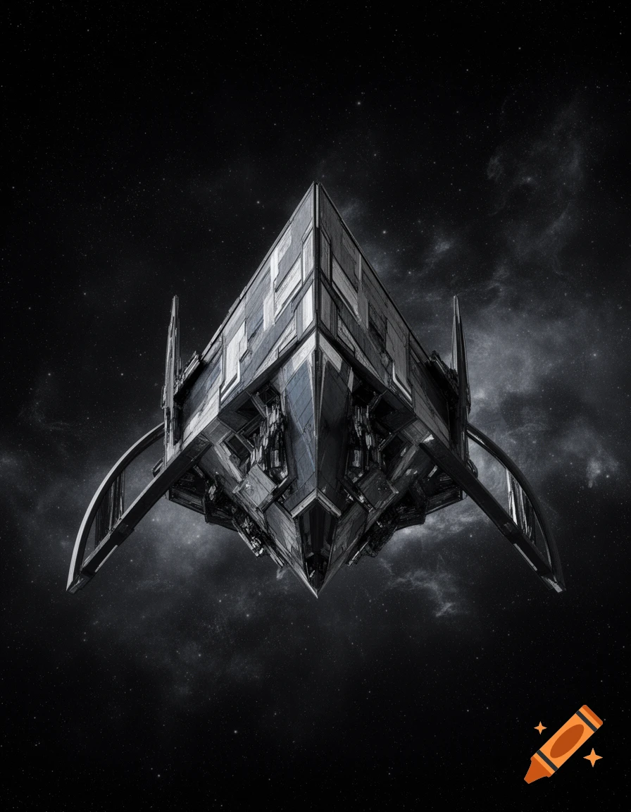 A dark, angular, futuristic combat spaceship with arced side structures floats in a starry, nebulous cosmic background.