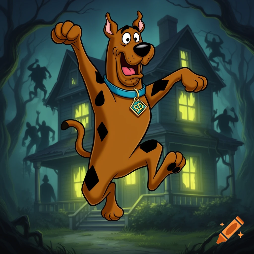 Scooby-Doo jumping in front of a haunted house with spooky silhouettes in the background, cartoon style.