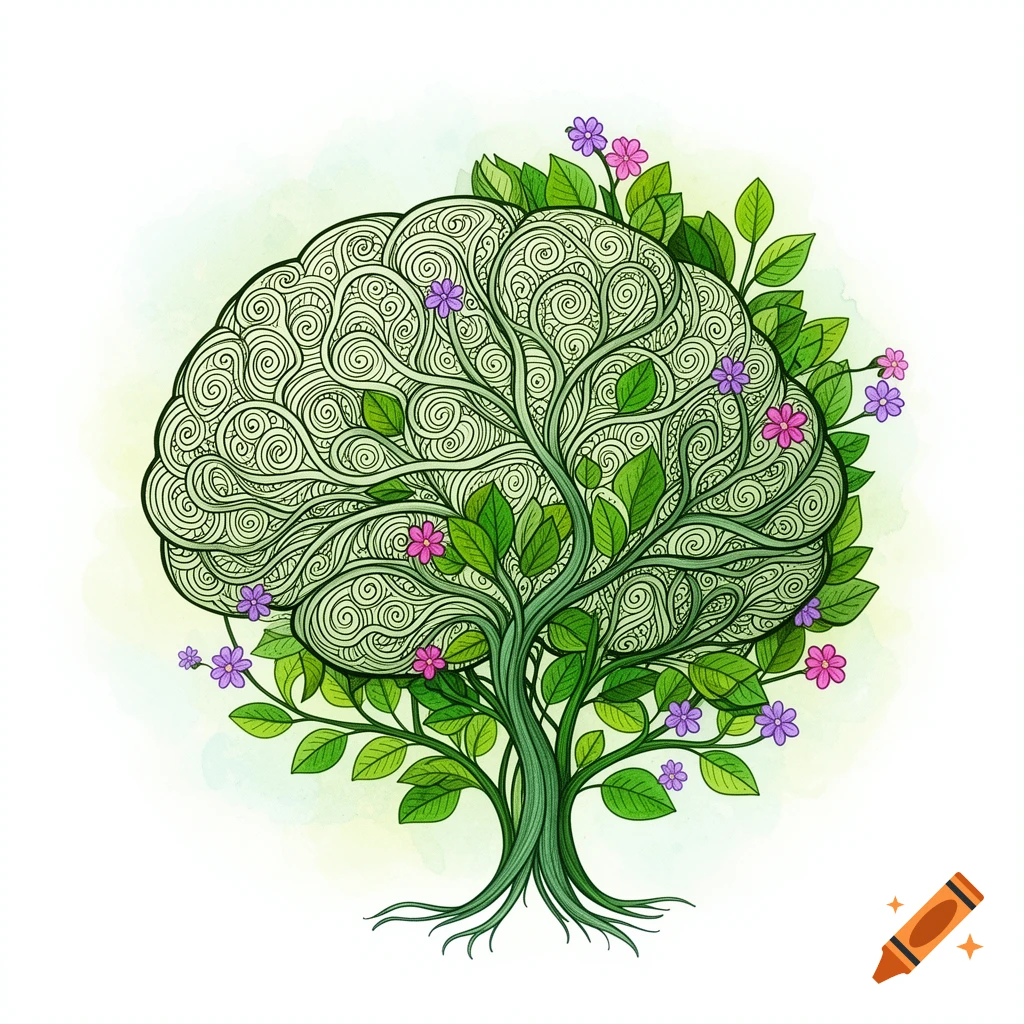 A stylized illustration of a brain formed from a green tree, with leaves and pink and purple flowers, set against a subtle watercolor background.