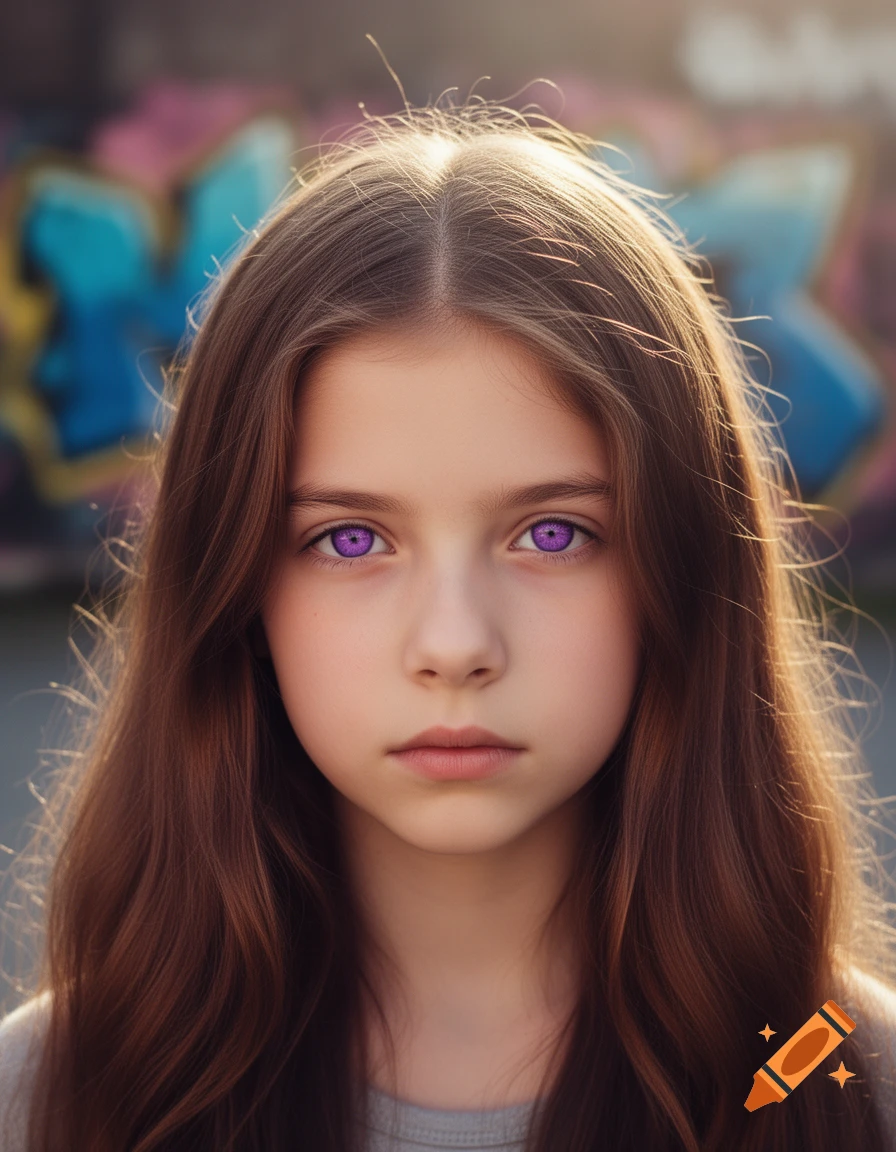 Photorealistic portrait of a young girl with long brown hair and striking violet eyes, against a blurred graffiti background.