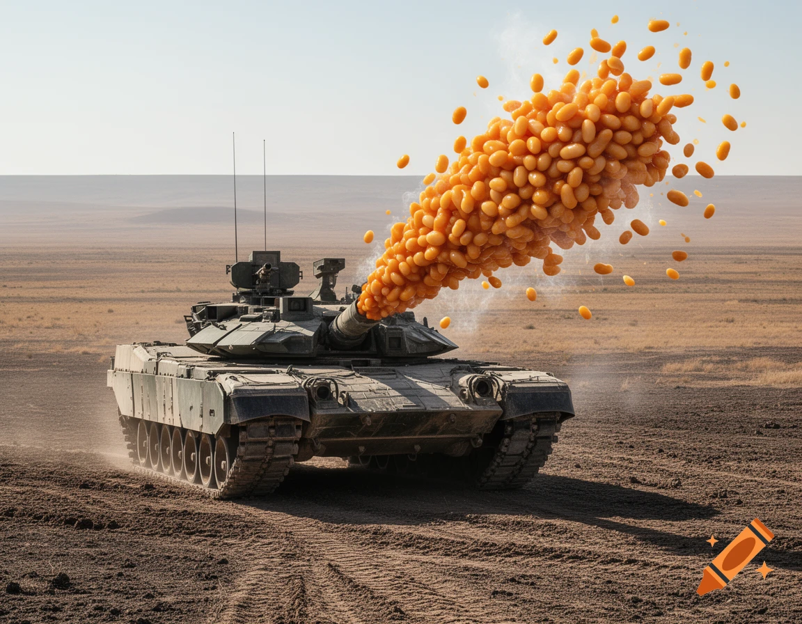 Photorealistic military tank in a desert firing a thick stream of baked beans from its cannon.