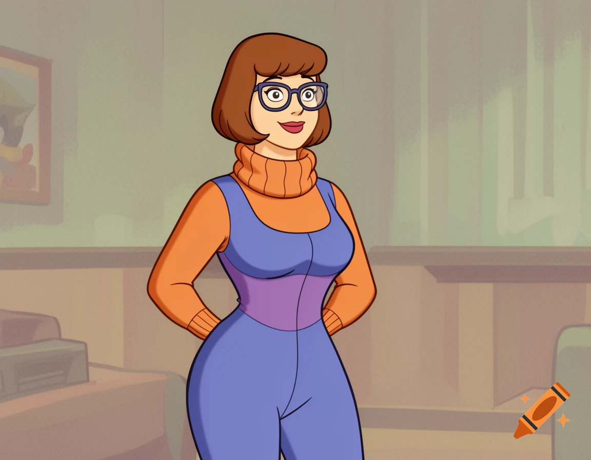A 2D cartoon style female character with brown bob hair and glasses, wearing an orange turtleneck and a blue and purple jumpsuit.