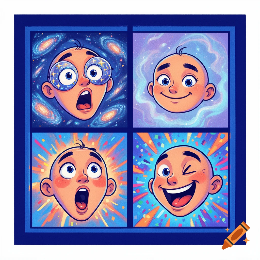 Four cartoon faces in a multi-panel image, each expressing wonder, awe, happiness, or excitement against vibrant, abstract backgrounds.