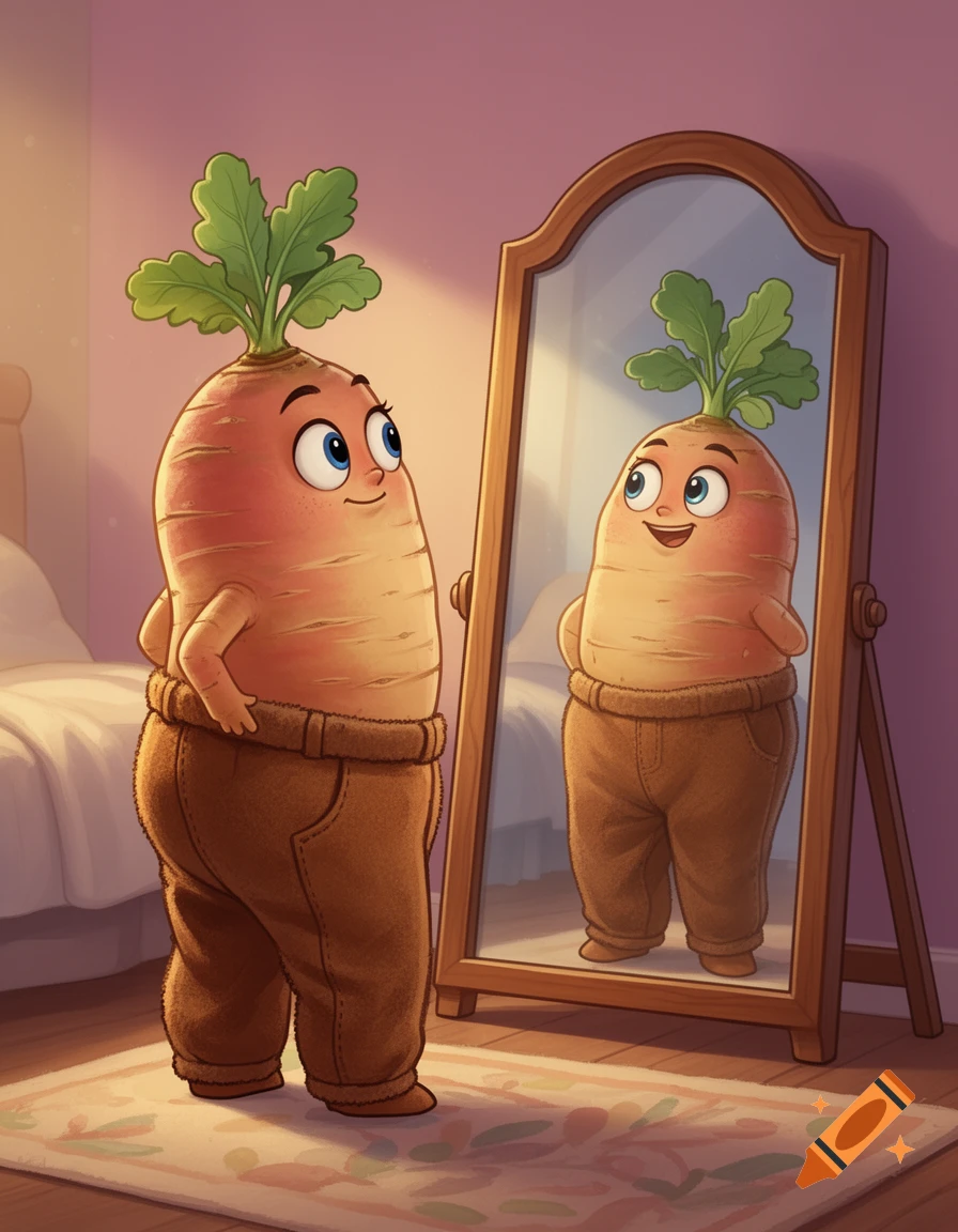 A whimsical cartoon rutabaga character in brown trousers smiles at its reflection in a bedroom mirror.