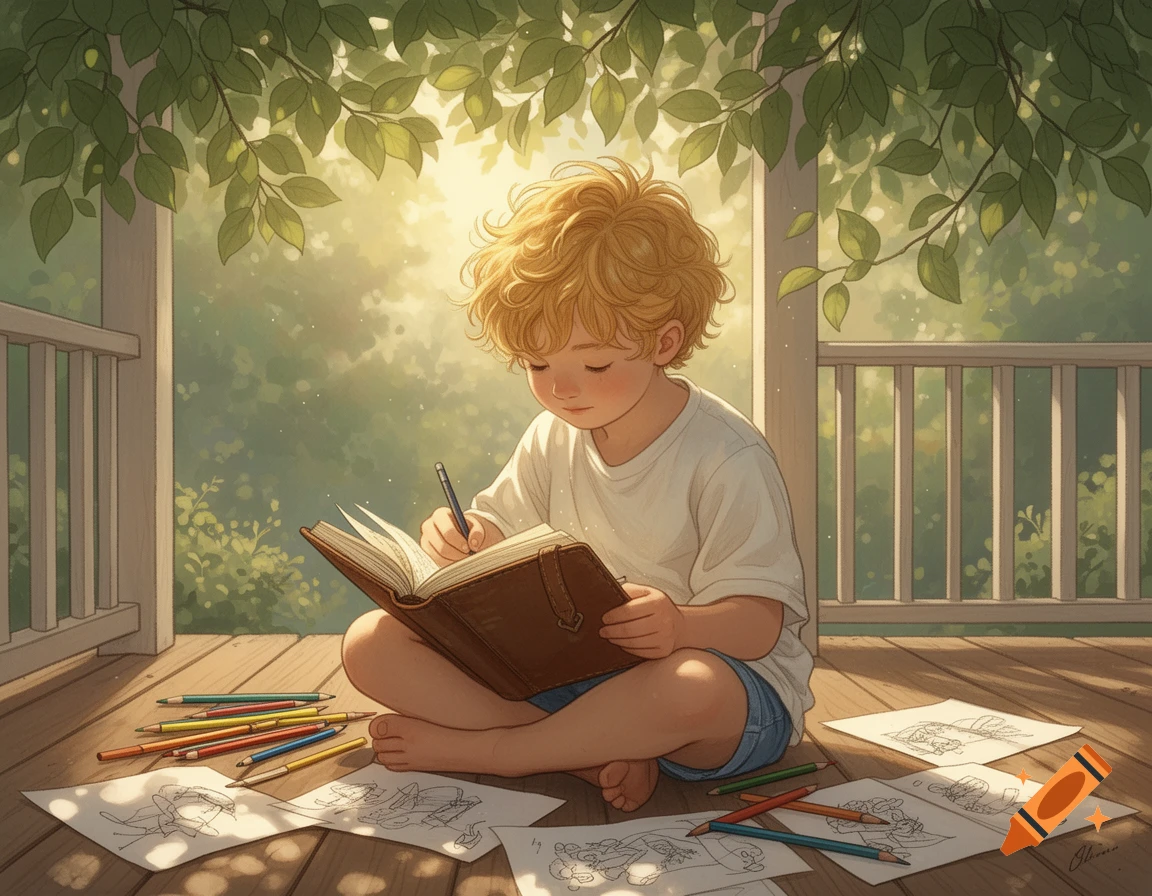 Illustration of a curly-haired child writing in a book on a wooden porch, surrounded by crayons and drawings, bathed in soft sunlight.