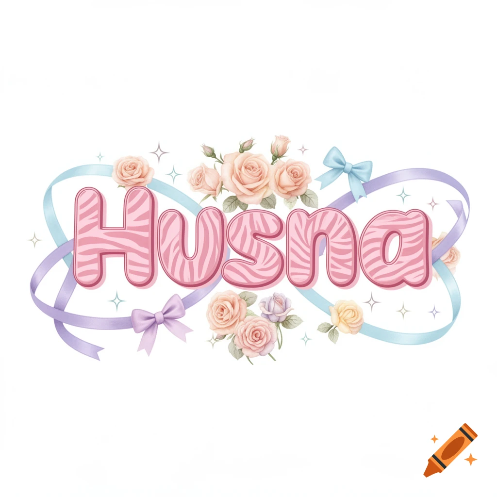 Pink zebra-striped bubble letters spelling 'Husna' adorned with peach roses, purple and blue ribbons, and sparkles on a white background.