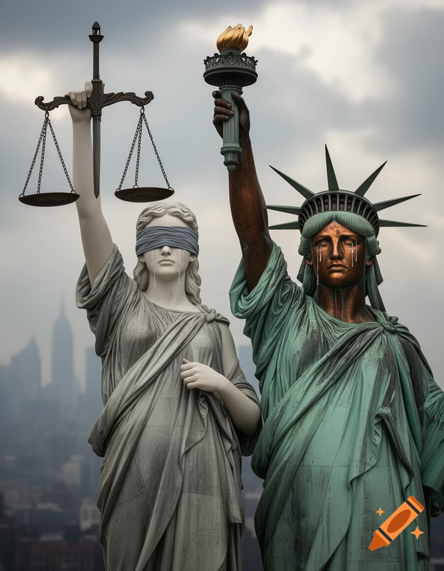 A somber image of crying Lady Justice and the Statue of Liberty against a city skyline.