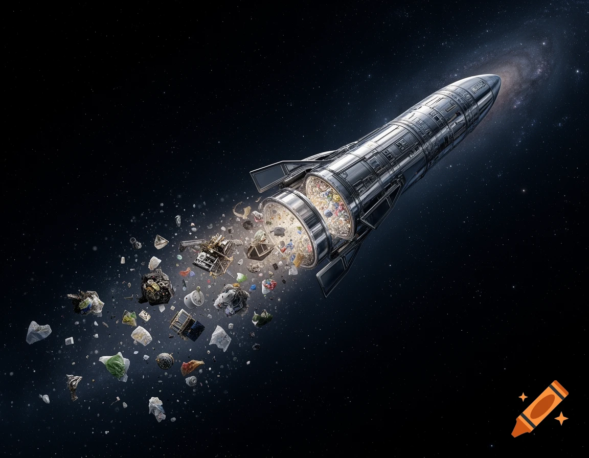 A sleek, metallic rocket flies through deep space, its rear section ejecting a plume of colorful garbage and debris against a backdrop of stars and a distant galaxy.