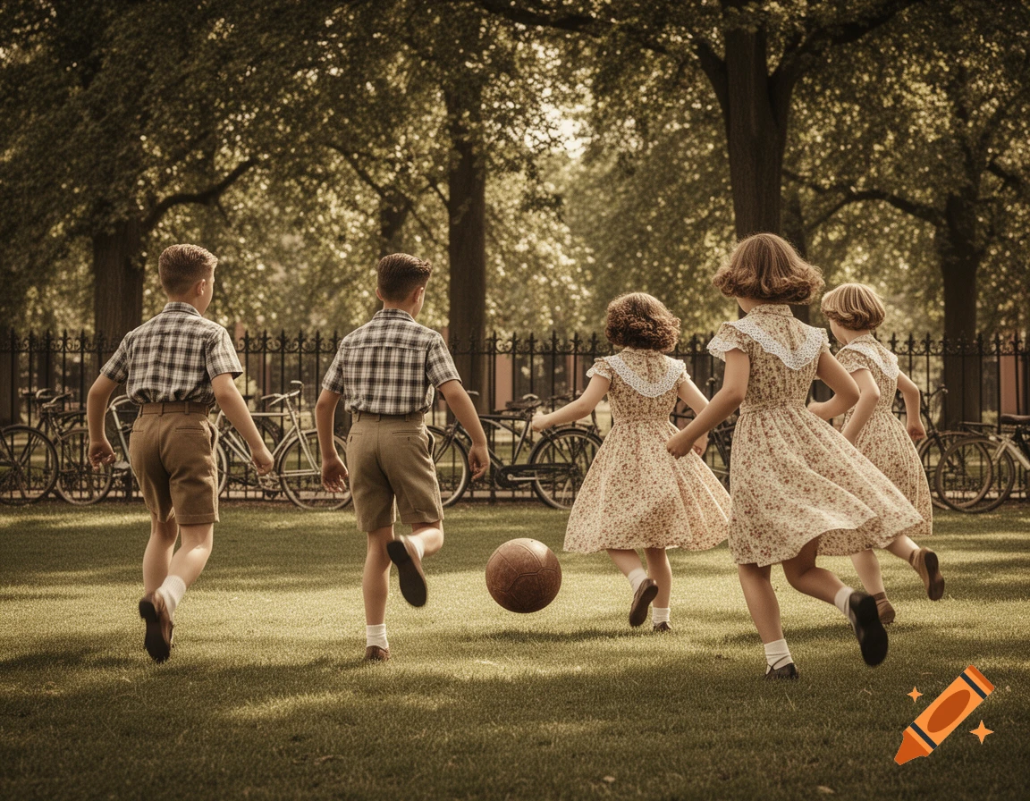 Children in vintage 1950s outfits play soccer in a park, viewed from behind with bicycles and trees.