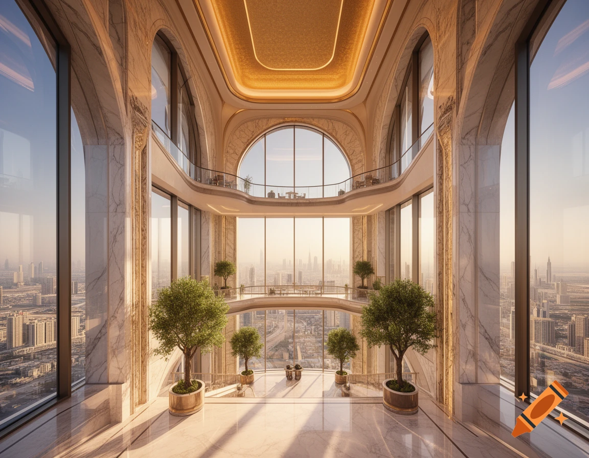 Luxurious, multi-level skyscraper interior with marble, gold accents, large windows overlooking a city skyline, and indoor trees.