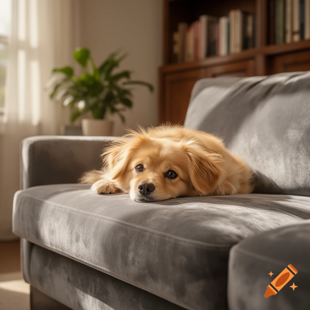 A light brown puppy lies comfortably on a gray sofa, looking directly at the viewer in a sunlit room.