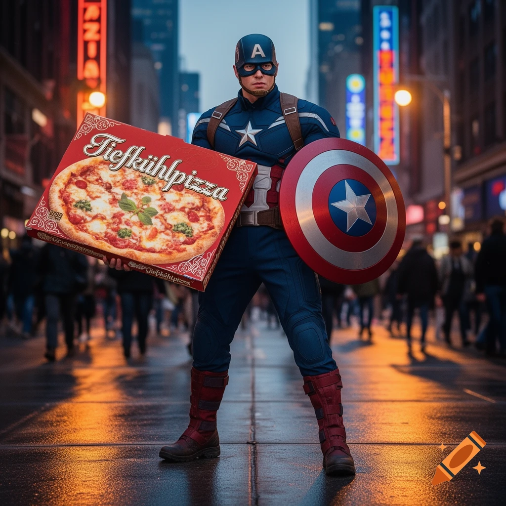 Captain America stands on a wet, glowing city street at night, holding a red 'Tiefkühlpizza' box and his iconic shield. Photorealistic style.