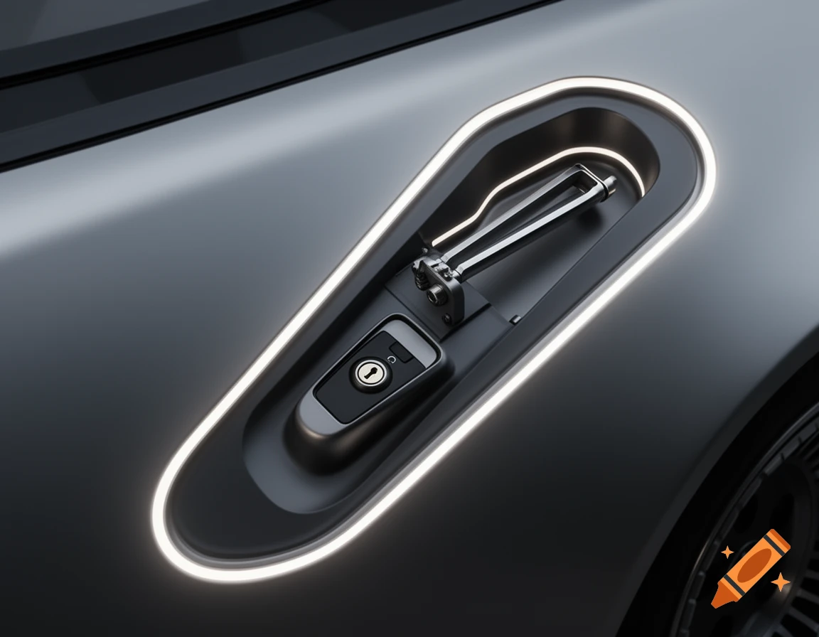 Close-up of a hypermodern DeLorean concept car's door handle, showing a sleek, recessed panel with a glowing LED border, revealing a key cylinder and release lever.