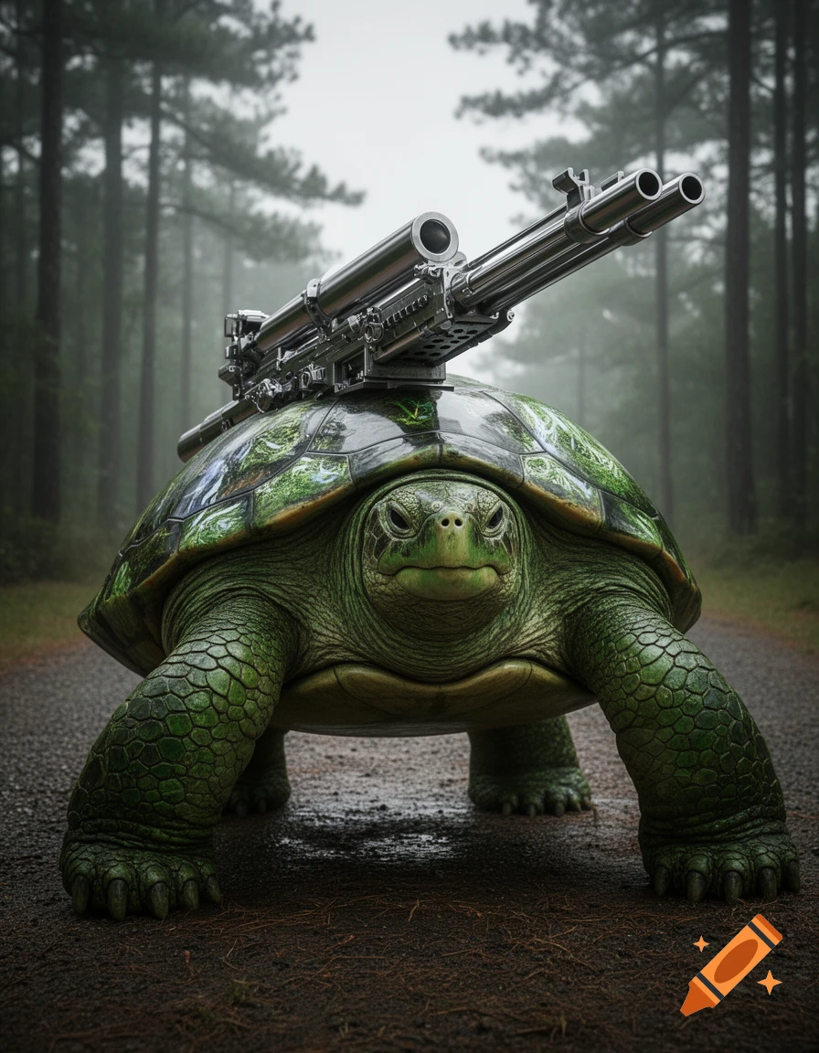 A massive green turtle with a large gun mounted on its back stands on a dirt road in a misty forest, photorealistic.