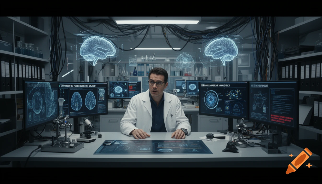 A neurobiologist in a white lab coat sits at a desk in a futuristic lab, surrounded by glowing holographic brains and multiple screens displaying brain scans and data, in a realistic, cinematic style.