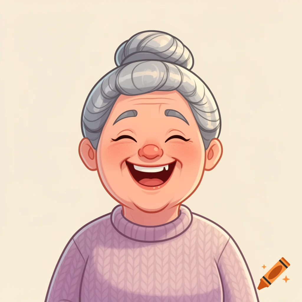 A cartoon portrait of a smiling grandmother with gray hair in a bun, wearing a purple sweater and missing some teeth.