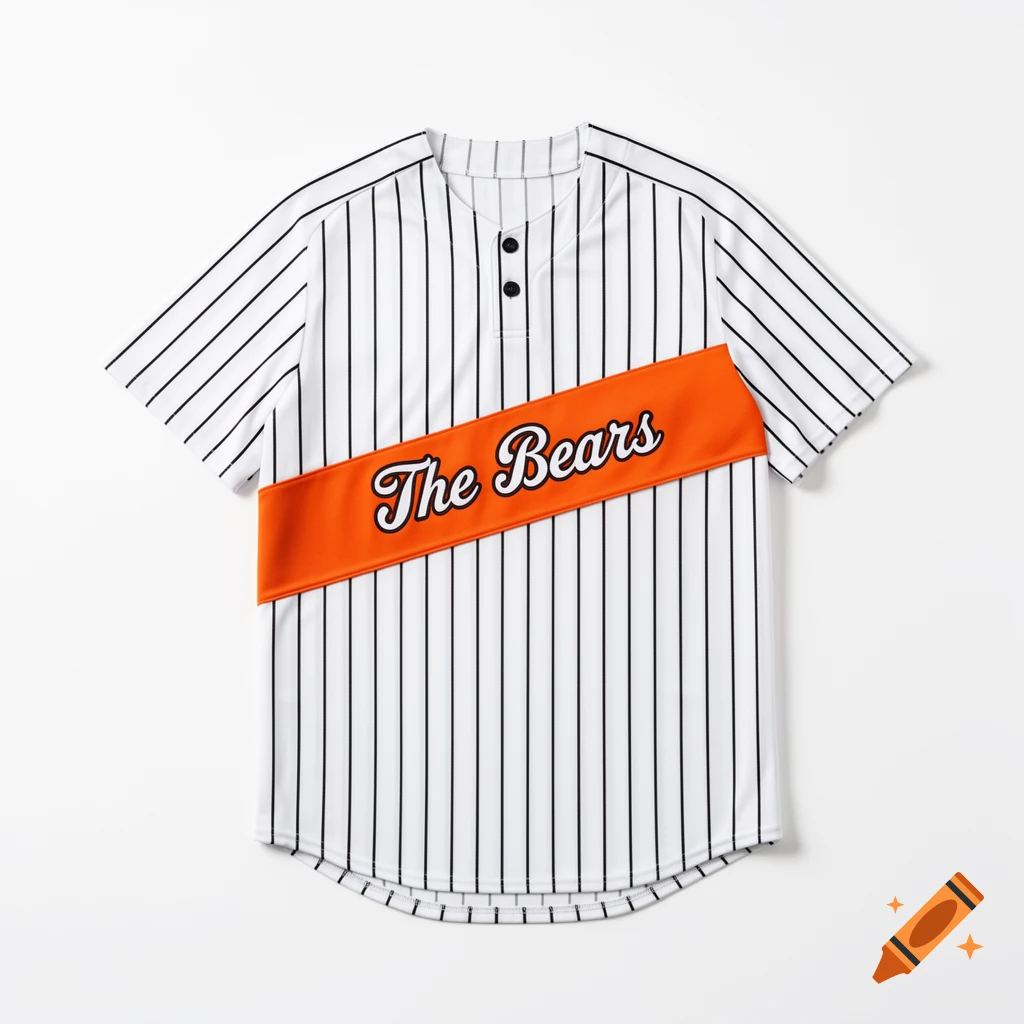 White baseball jersey with black pinstripes and an orange diagonal sash featuring 'The Bears' text, flat lay product photo.