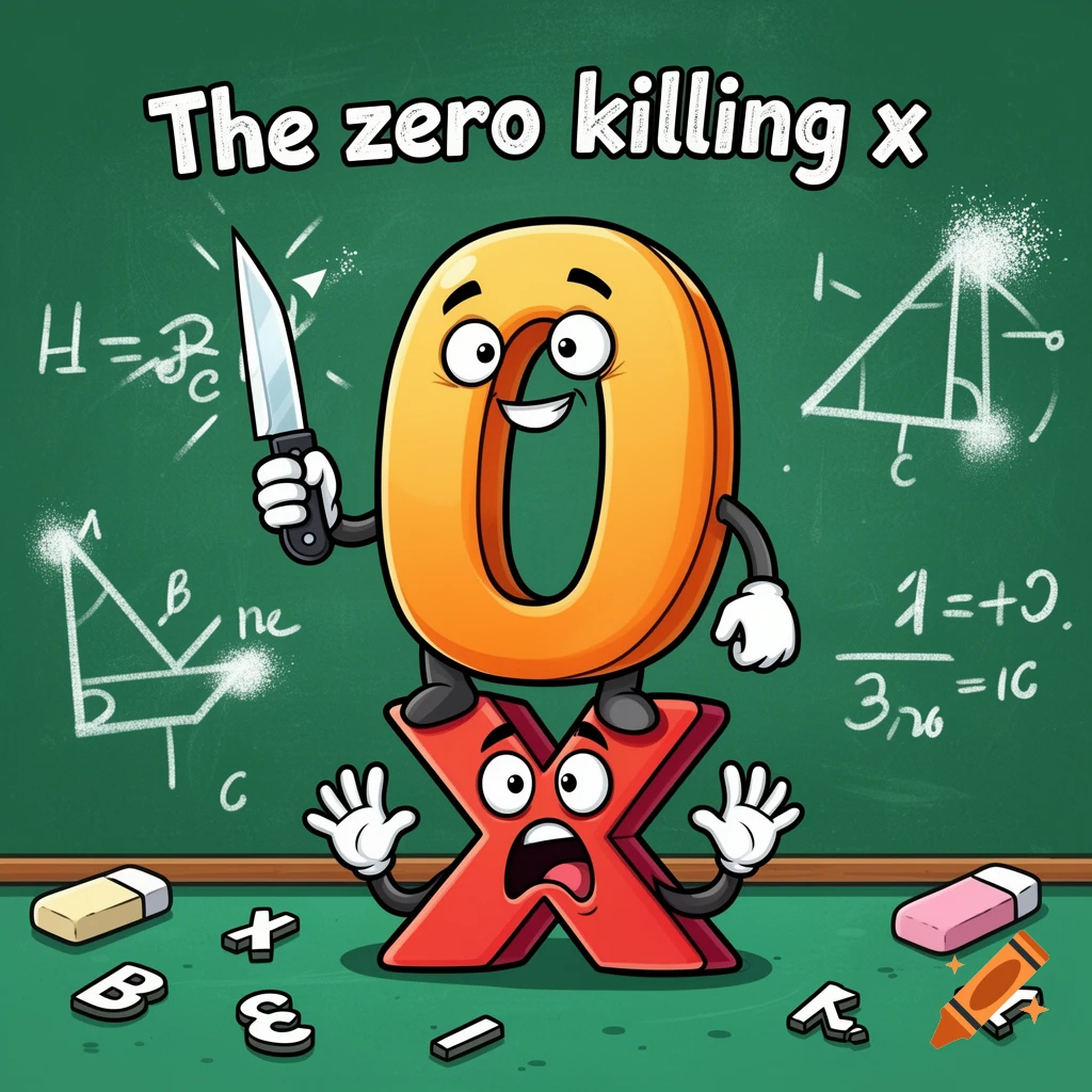 A cartoon of a happy orange number zero holding a knife, standing on a scared red letter X, set against a green chalkboard with nonsensical math equations.