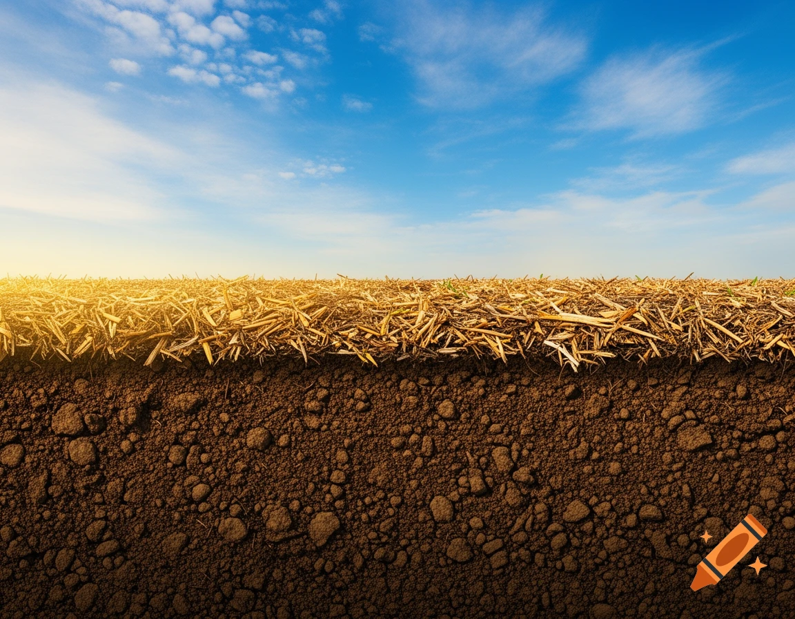 A photorealistic cross-section of brown soil with a layer of golden straw mulch, topped by a bright blue sky with wispy clouds and a sun flare.