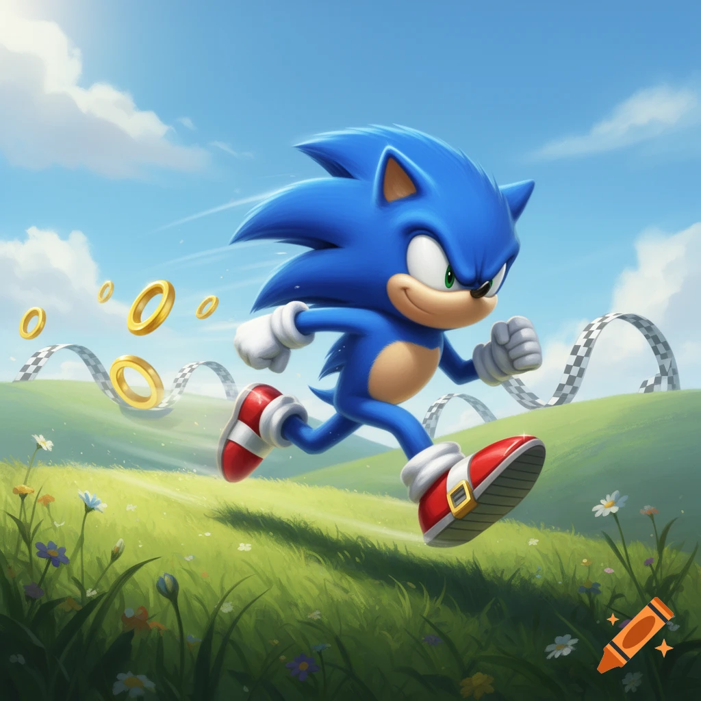 Sonic the Hedgehog runs through vibrant green hills with floating gold rings and checkered ramps under a blue sky.
