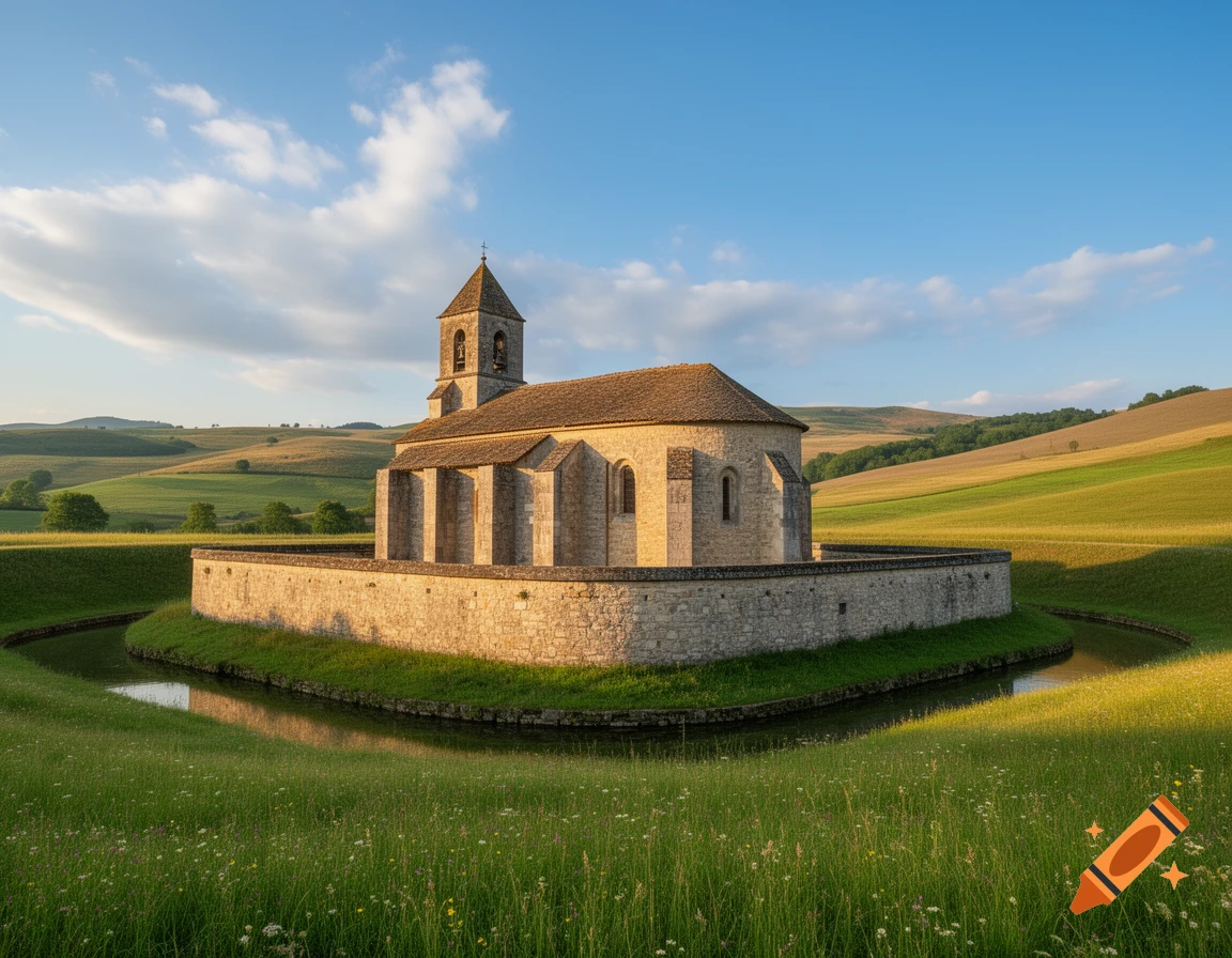 A stone church with a bell tower, surrounded by a water moat, stands amidst lush green rolling hills under a blue sky.