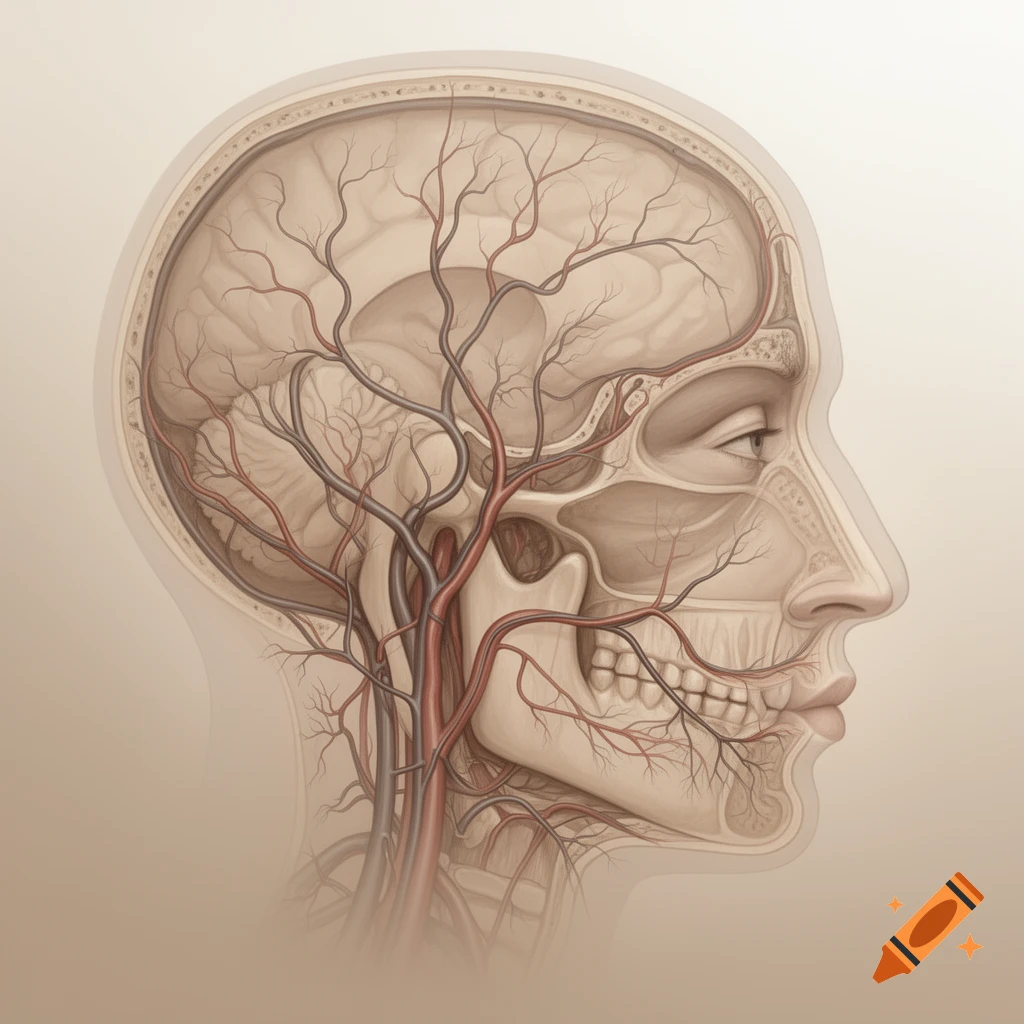 Profile view of a human head, cutaway to show the skull, brain, and a detailed network of arteries and veins.