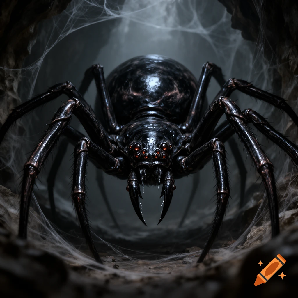 A terrifying, shiny black spider with menacing fangs and multiple red eyes emerges from a dark, web-filled cave in a photorealistic style.