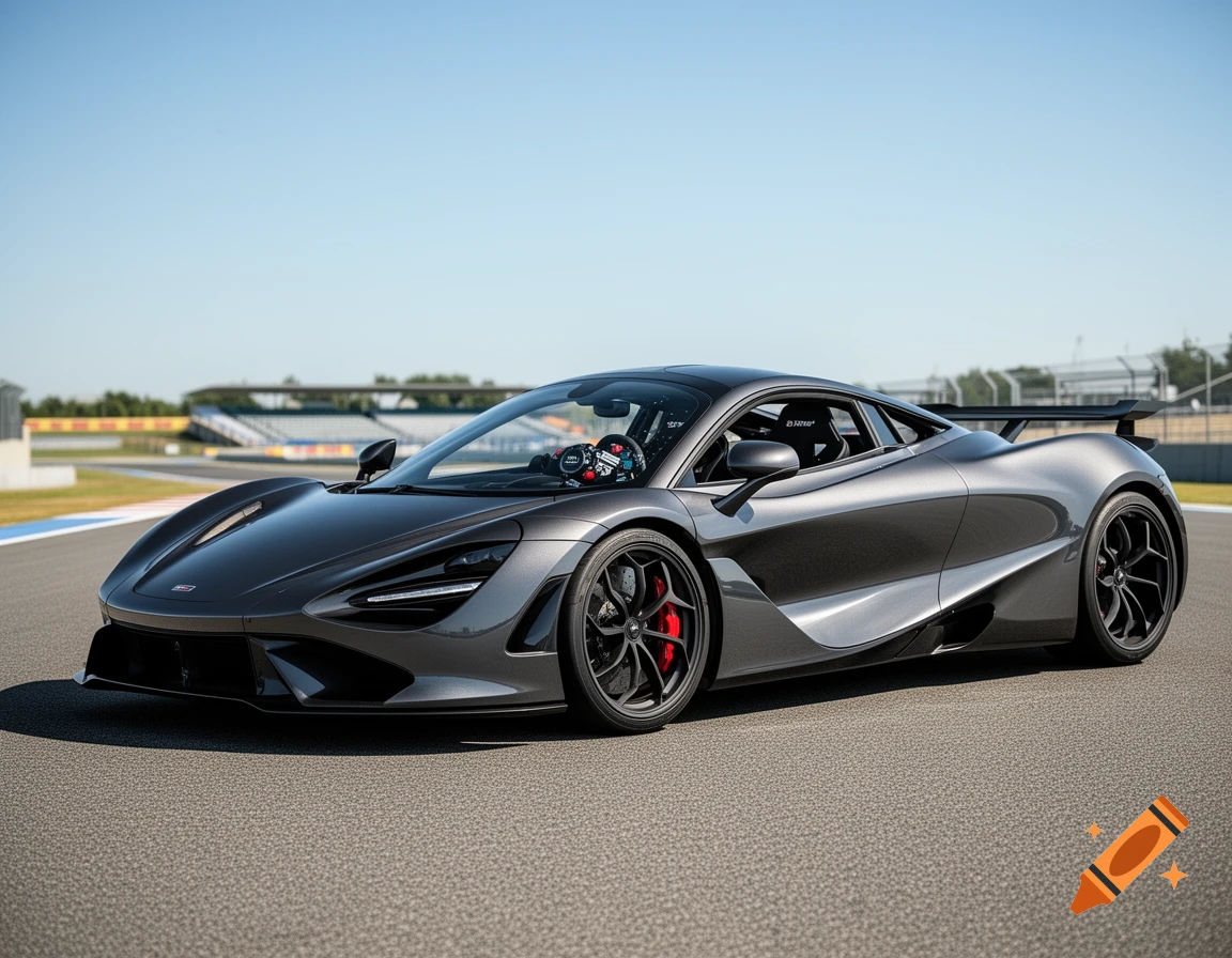 A dark grey McLaren 720S supercar with red brake calipers is parked on a race track on a sunny day.