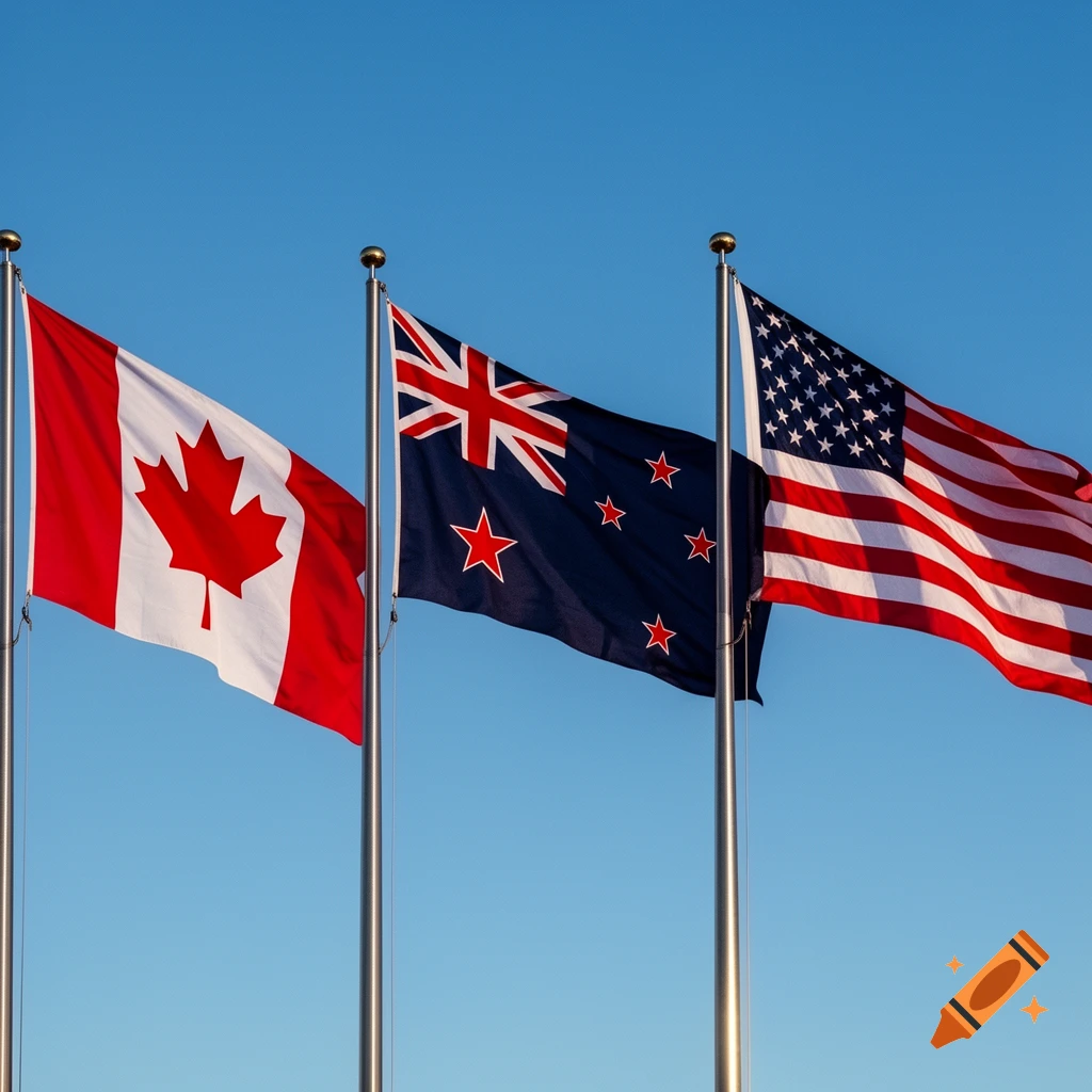 Flags of Canada, New Zealand, and the USA wave side-by-side against a clear blue sky.