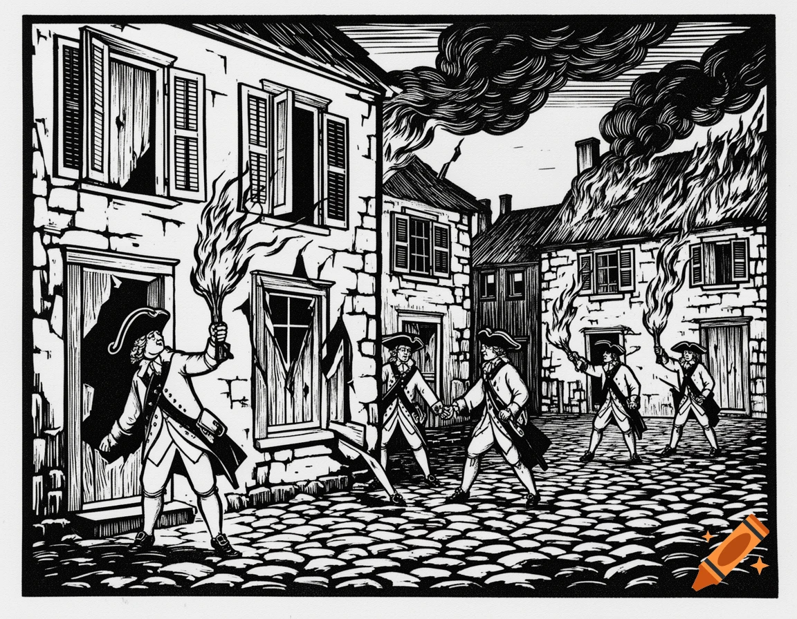A black and white linoleum cut print shows five 18th-century soldiers with torches, some setting houses ablaze in a street scene.