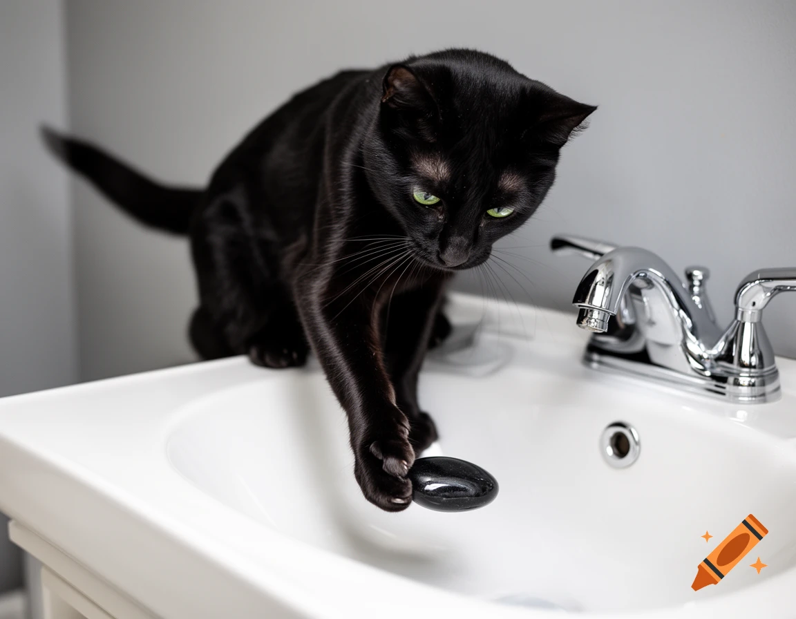 A photorealistic black cat with glowing green eyes stands on a white bathroom sink, batting a dark skipping stone with its paw.