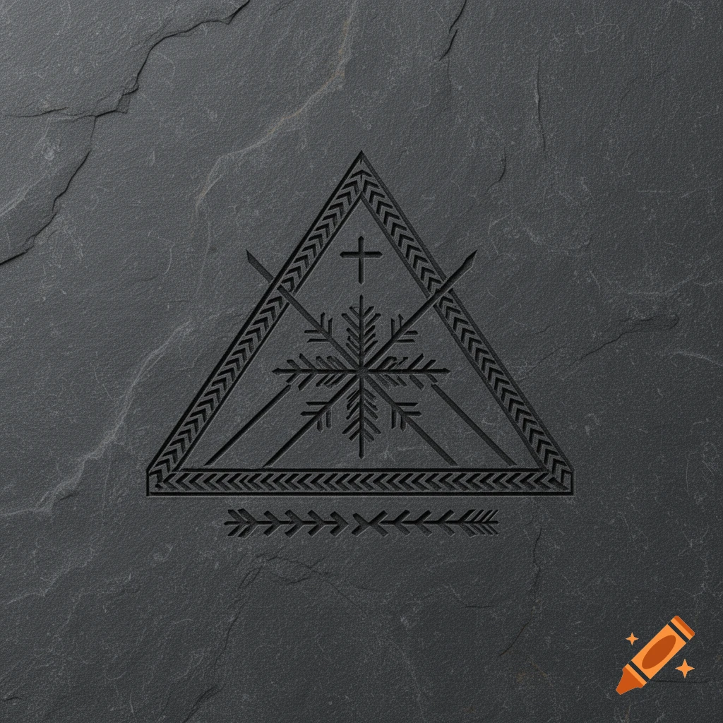 A dark slate stone texture features a debossed carving of a Latvian folk symbol: a chevron-bordered triangle with an inner snowflake motif, crossing lines, a cross above, and chevron arrows below.