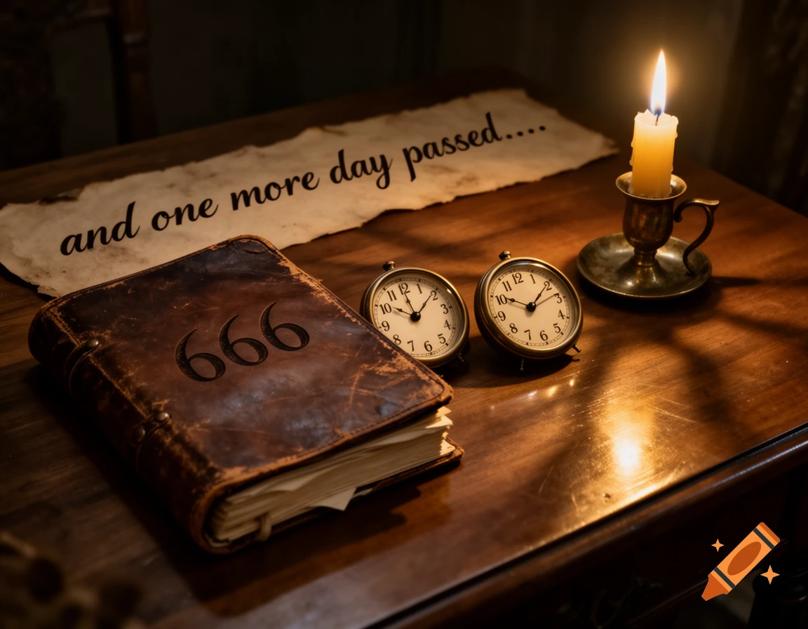 A close-up of an old leather-bound book with '666' embossed on it, next to two antique alarm clocks and a lit candle. A scroll in the background reads 'and one more day passed....'